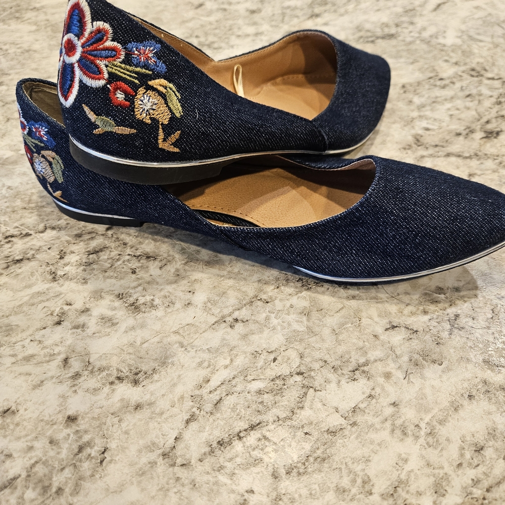 Embroidered Denim Flats